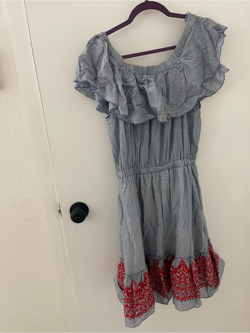 Light Blue Ruffle Dress with Red Embroidered Hem